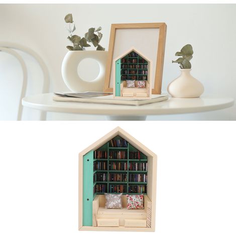 [Casa en miniatura] Decoración de biblioteca: kit de casa en miniatura de madera con libros y cojines para decorar una oficina, sala de estar o tienda. (1/5)