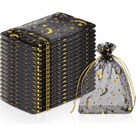100 schwarze Organzabeutel mit Kordelzug, verziert mit silbernen Sternen und goldenem Mond, Aufbewahrungsbeutel für Schmuck und Geschenke (Schwarz) (1/5)