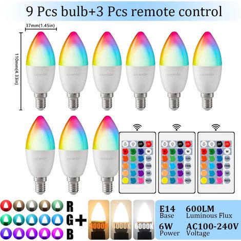 Lampes de croissance pour plantes Ampoule LED E14 (RGB 3000K, 9 unités, AC100-240V) avec télécommande 24 touches, intensité variable, 6W et changement de couleurs, idéale pour chambre ou salon. (1/5)