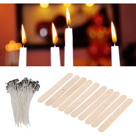 110 mèches de bougie blanches unies de 15 cm, enveloppées de cire, avec supports 100 mèches + supports de mèche 10 supports en bois (1/5)