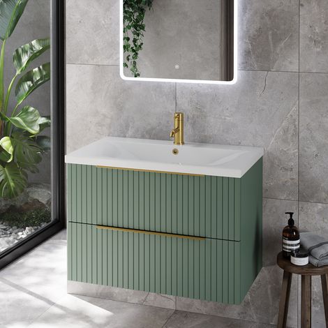 Helix 460 Fluted Satin Green 800mm Wall Mounted 2 Drawer Vanity Unit with Glide Basin