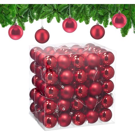 Relaxdays Palline di Natale, Set 100 Palle Albero, Addobbi Natalizi, ∅ 6 cm, Sfere in Plastica Opaca e Lucida, Rosso (1/5)