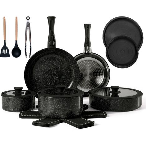 Ensemble de 19 pièces d'ustensiles de cuisine avec poignées amovibles, antiadhésif titane-céramique, pour toutes les plaques de cuisson, Noir