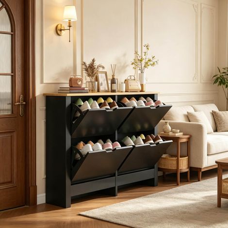 Mobile porta scarpe contemporaneo 105x26x80 cm, 4 ante ribaltabili, ripiani regolabili, truciolato, naturale e nero (1/5)