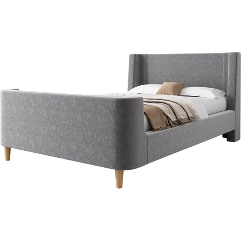Kinder Einzelbett 90 x 200 cm aus Samt, Weltraummotiv und Gepolstertes Kopfteil, ohne Matratze, Grau (1/5)