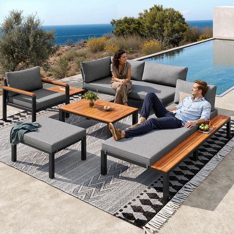 divano seduta modulare con tavoli legno grigio OKMYHOME (1/5)