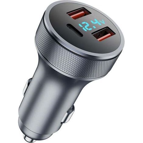Caricabatterie da auto USB da 72 W, adattatore di ricarica rapida in metallo, due porte USB 18 W QC 3.0 + 36 W PD, con voltmetro a LED (grigio) (1/4)