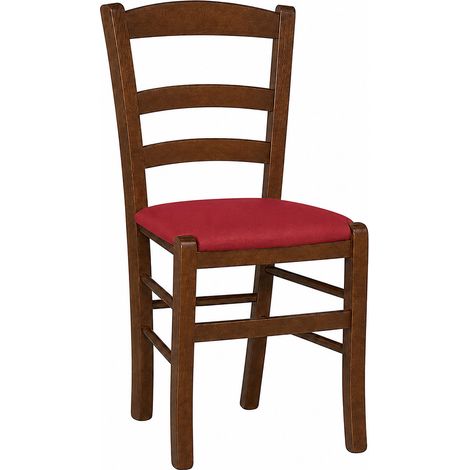 Silla country de madera de nogal oscuro con asiento tapizado en ecopiel roja (1/5)
