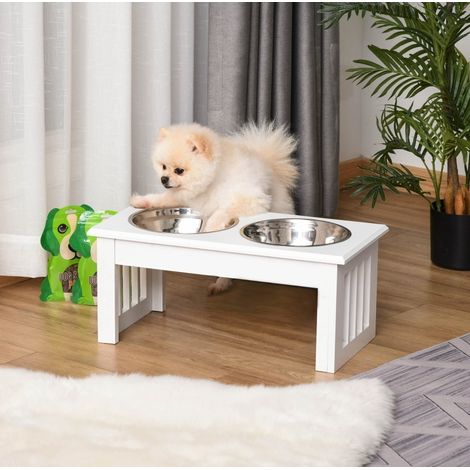 Station repas pour chien 44x24x15 cm en MDF et acier inoxydable blanc, gain de place FloraGrace (1/5)