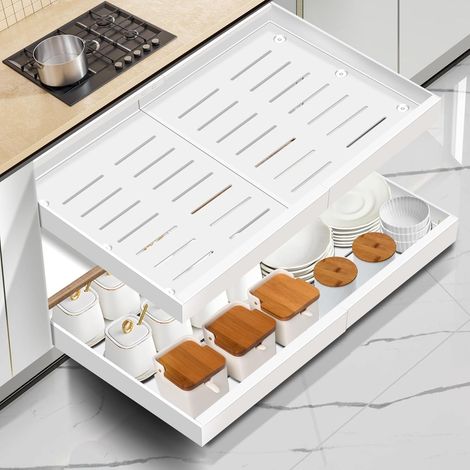 Organisateur de tiroir extensible et amovible, tiroir télescopique pour cuisine avec adhésif, organisateur de tiroirs de rangement pour cuisine/salle de bain (Blanc, (2 pièces) Largeur 31–52 cm (1/5)