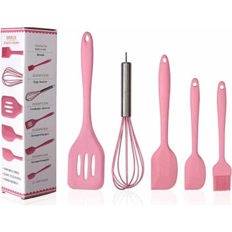 Ensemble de 5 ustensiles de cuisine en silicone rose ou rouge : fouet à œufs, cuillère, spatule, pinceau à huile, etc., avec boîte.