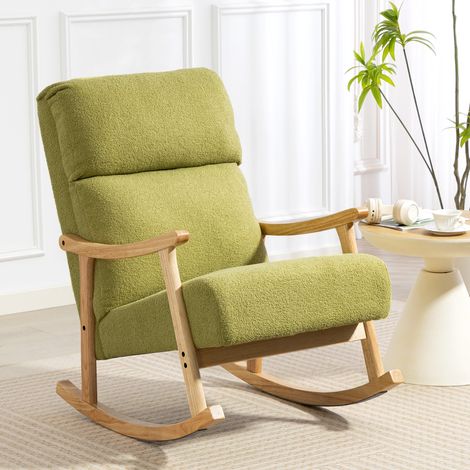 Silla Mecedora de Borreguito con Patas y Reposabrazos de Madera de Caucho Mecedora Carga 120 kg Verde Claro (1/5)