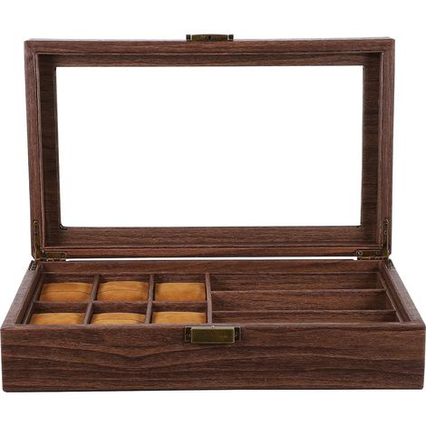 Scatola porta orologi e occhiali in legno stile retrò, vetrina con 6 scomparti (1/5)
