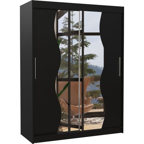 Les Tendances – Armoire de chambre noir 150 cm – 2 portes coulissantes avec miroir – Penderie et étagères réglables – Bois noir mat et miroir (1/5)