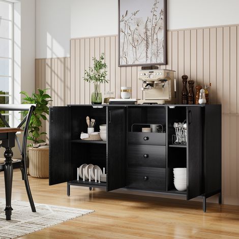 Aparador de 3 Puertas Aparador de Salón con 3 Cajones Estantes Ajustables para Cocina Entrada Negro 143,5x40x90 cm (1/5)