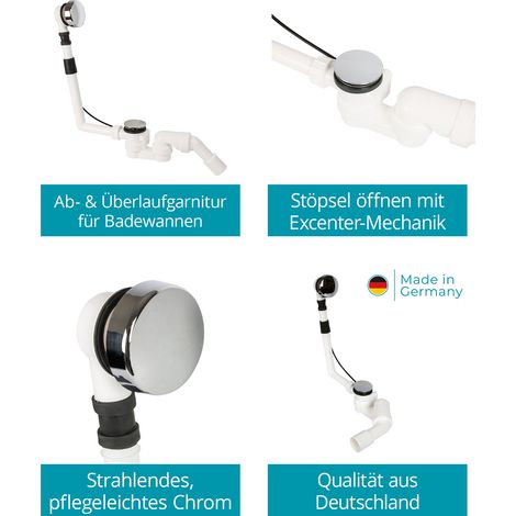 Calmwaters® Excenter-Ablaufgarnitur für Badewannen, Badewannengarnitur mit Überlauf und Excenterbedienung, Überlaufgarnitur für Rechteckwannen, Kunststoff, Chrom, Weiß, 31PM5074