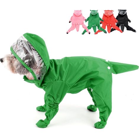 Imperméable à capuche pour petits chiens, combinaison poncho avec bottes de pluie intégrées, vert, taille M. (1/5)
