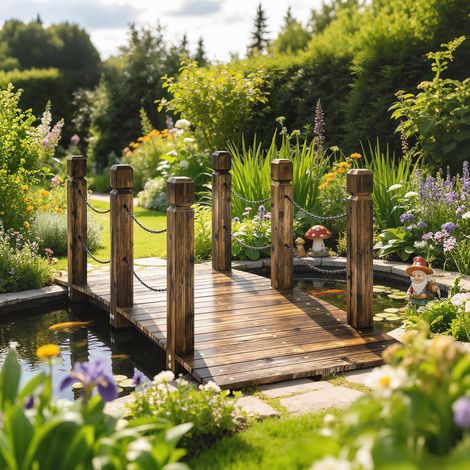 Carbonisées - Pont de jardin en bois de 1,51 m Pont décoratif pour étangs rustiques doté de rampes de sécurité