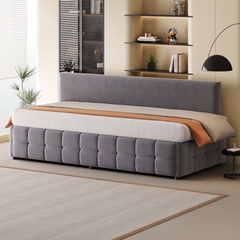 Canapé-lit 90 x 200 cm velours gris foncé, lit une place avec rangement hydraulique, motif carreaux classique, sans accoudoirs, multifonctionnel (1/4)