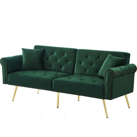 ELVMI Divano Letto 2 Posti con Doppi Schienali Regolabili in 3 Posizioni e 2 Cuscini in Velluto Verde Antico (1/4)