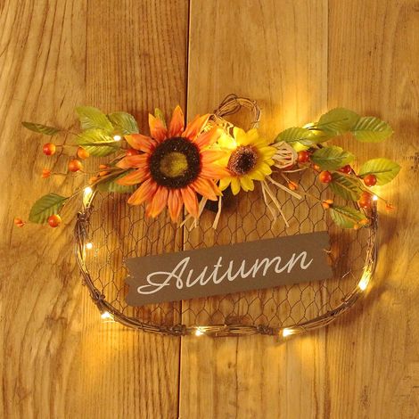Couronne Automnale Éclairée - Décoration Murale et Porte d'Entrée - Citrouille en Fil Métallique avec Lumières Chaudes - 30 x 25 cm - 1 Pièce (1/5)