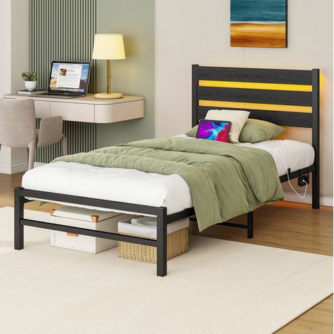 Bett Metall und MDF Schwarz 90x200 cm mit LED-Beleuchtung und Unterbett-Stauraum (1/5)