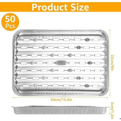 Lot de 50 plaques de cuisson jetables en aluminium pour barbecue, 34 x 23 x 3 cm, avec trous, pour grillades en extérieur. (1/4)