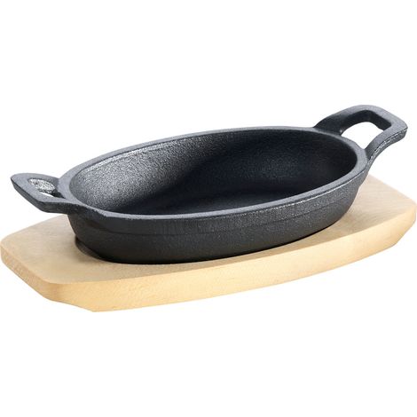 Gusseisenkuss® Gusseisenpfanne mit Griffen und Holzuntersetzer 21x15,5 cm Gusspfanne Gusseisen