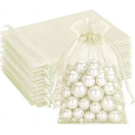 Lot de 50 sacs en organza beige clair 10 x 15 cm : sacs cadeaux en organza avec cordon de serrage, pour un usage cadeau, occasion mariage, bijoux (1/5)