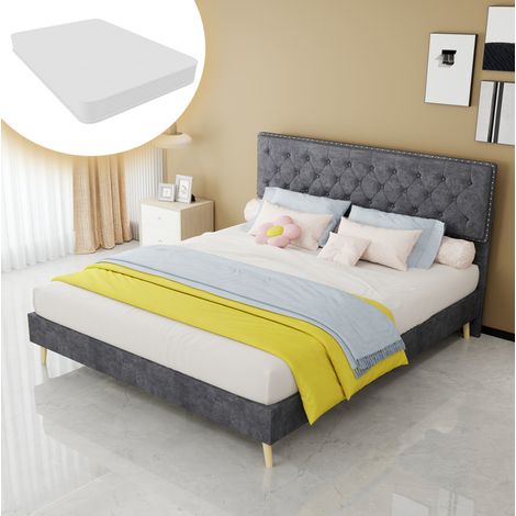 Bett modern gepolstert in Grau 160x200 cm mit hohem Kopfteil und Lattenrost, Matratze inklusive