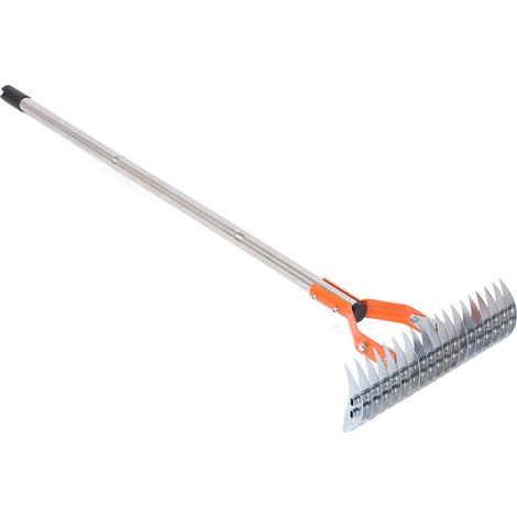 Râteau démoussoir 37,5 cm acier carbone inoxydable solide désherbeur pelouse avec manche nettoyage feutre mort jardin extérieur 3 segments (1/5)