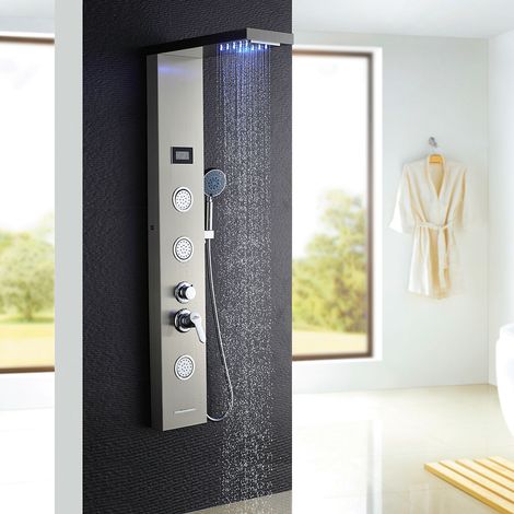 AuraLum Panneau de Douche Colonne de Douche Hydromassante LED LCD Panneau de Douche en Acier Inox Brossé avec 3 Jets de Massage (1/5)