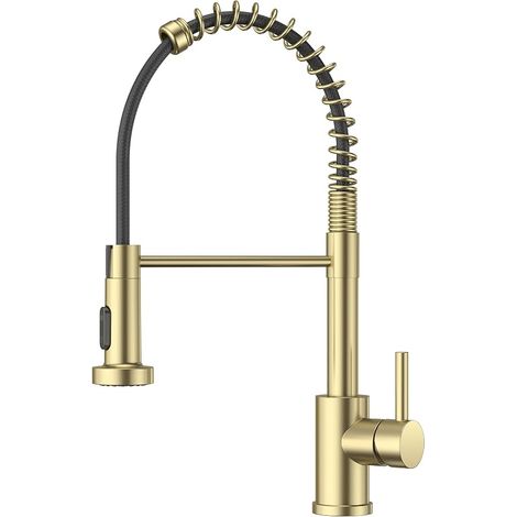 Robinet Cuisine, Mitigeur Cuisine Avec Douchette Pivotant à 360° d'Évier à Arc Élevé Pulvérisateur Escamotable 2 Modes, Or Brossé (1/5)