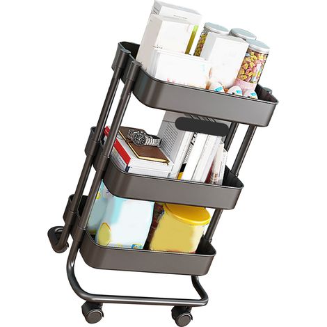Dreistöckiger Metallwagen, vielseitig einsetzbar für Büro, Bad, Küche, Kinderzimmer, Waschküche, schwarz, mit Rollen (1/5)