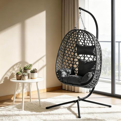 Fauteuil suspendu avec support, 105 x 105 x 195 cm, anthracite, en métal et PE rotin HAVRYA (1/5)