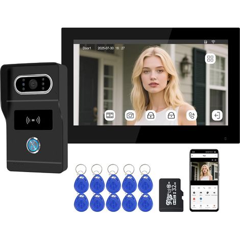 2 Fils Visiophone Connecté Filaire, Kit Interphone Vidéo WiFi avec Écran Tactile Couleur de 7", Sonnette avec Caméra 1080P Vision Nocturne IP65, Déverrouillage APP/Carte RFID (1/5)