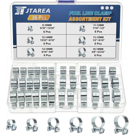 36Pièces 8-18MM Mini Collier de Serrage pour Tuyau Assortiment Set 6Tailles Réglables Collier Durite Essence Colliers de Serrages Metallique pour Conduite de Carburant Tuyau D'échappement (1/5)