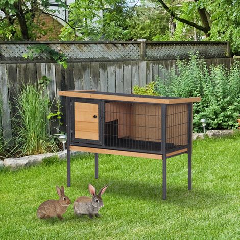 Cage à lapins en bois sur pieds, clapier pour rongeurs, cochons d'inde avec toit ouvrable - dim. 91,5L x 45l x 70H cm