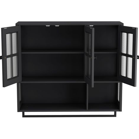Badezimmer Hängeschrank mit 3 Türen, 1 Offenem Fach, Handtuchstange, Geriffeltem Glas, aus MDF, Schwarz, 88×26×82,5 cm (1/5)