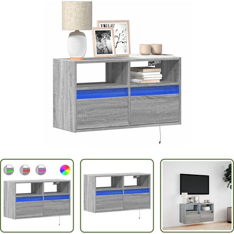 Armoire tv murale -  Meuble TV mural avec lumières LED sonoma gris 80x31x45 cm (1/5)