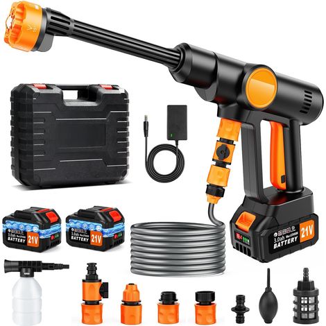 Nettoyeur Haute Pression sans Fil 2X 3.0Ah Nettoyeur Haute Pression sur Batterie Portable, 6 en 1 Buse, 5M Tuyau et Boîte de Rangement pour Voiture, Jardin, Terrasse, Maison, Arrosage (1/5)