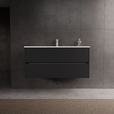 Inda - Badezimmerschrank 2 Schubladen L.120 mit glänzendem Waschbecken / Mattschwarz - diamante