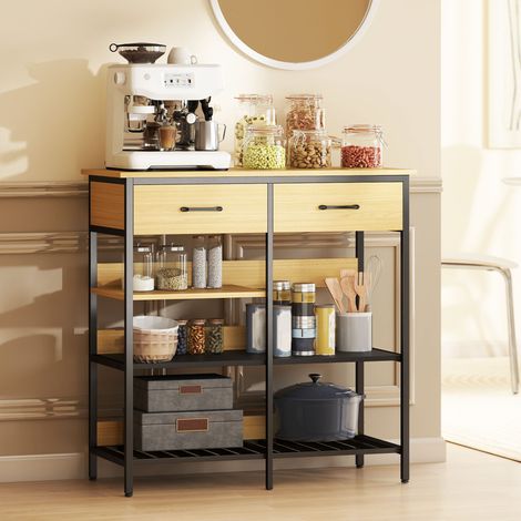 Credenza, cassettiera con 2 cassetti, 3 ripiani a giorno, mobile da cucina per soggiorno, 90 x 40 x 91 cm, legno naturale