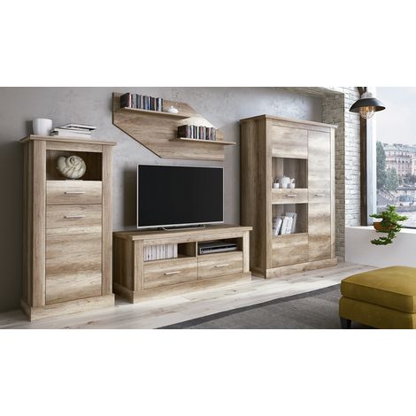 Ensemble de salon meuble TV + set des 2 étagères + buffet + vitrine basse coloris chêne vieilli -PEGANE- (1/4)