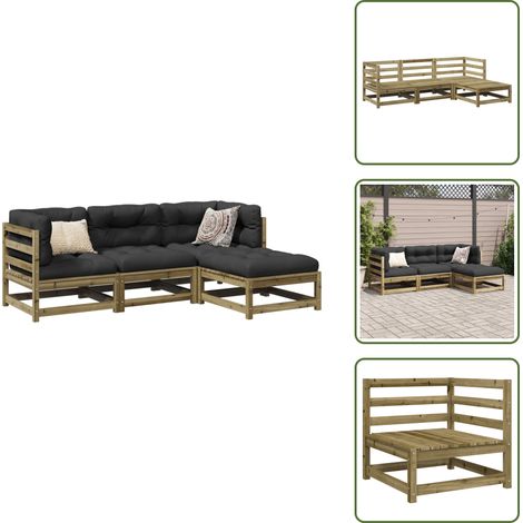 The Living Store Salon de jardin 4 pcs bois de pin imprégné - Ensemble Salon De Jardin - Mobilier Extérieur - Canapé D'angle - Chaise Longue - Meubles De Jardin