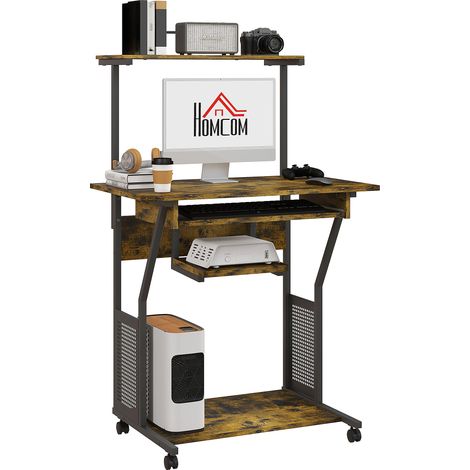 HOMCOM Rolling Computer Desk with Keyboard Tray Storage Shelves Rustic Brown (1/5)