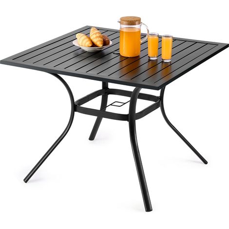 Table à manger pour patio extérieur 940 mm, table de bistrot carrée en acier et métal pour 4 personnes, avec trou pour parasol de 38 mm, grand meuble toutes saisons pour jardin, véranda, noir (1/5)