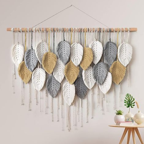Tapisserie de feuilles colorées tissée en corde - Décoration murale x cm marine kaki 100 80 21 coton blanc bleu gris (1/5)