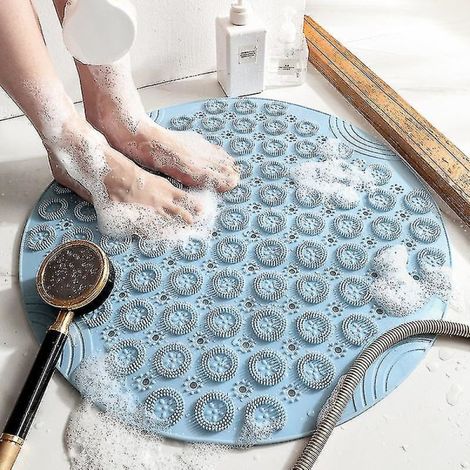 Tapis de douche antidérapant et absorbant, tapis de bain rond antidérapant avec ventouse pour bonde, tapis de sol bleu (1/4)