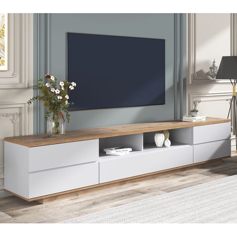 Mobile TV Moderno lucido, Mobile TV 180 cm con ampio vano portaoggetti e design bicolore, ante con funzione soft-close, rovere+bianco (1/5)